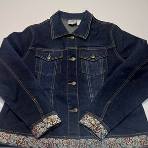Diane Gilman Dark Classic Denim Jacket with colorful embroidered hem and cuffs